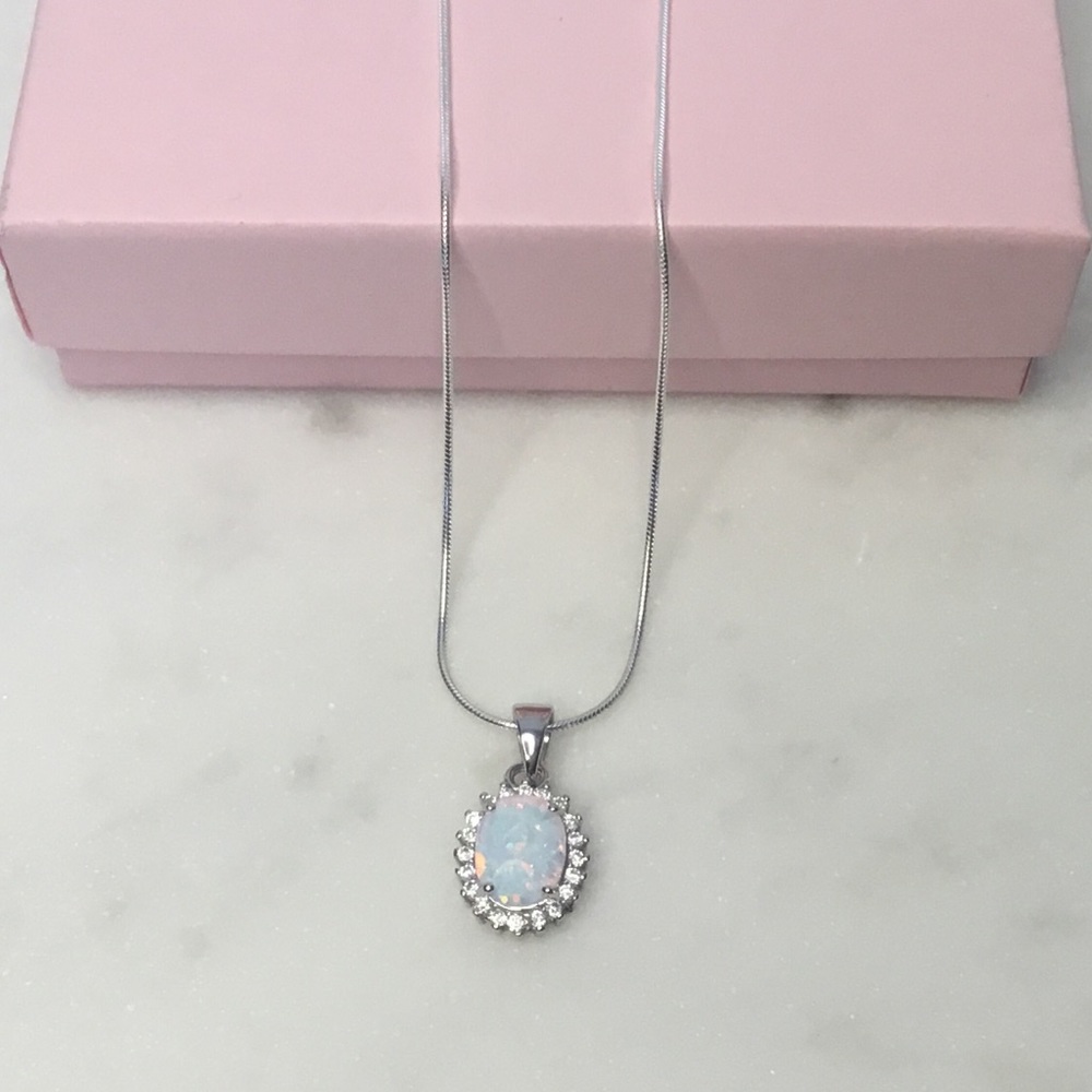 Sterling Silver Lab Created Opal and Cz Necklace - Picture 7 of 16